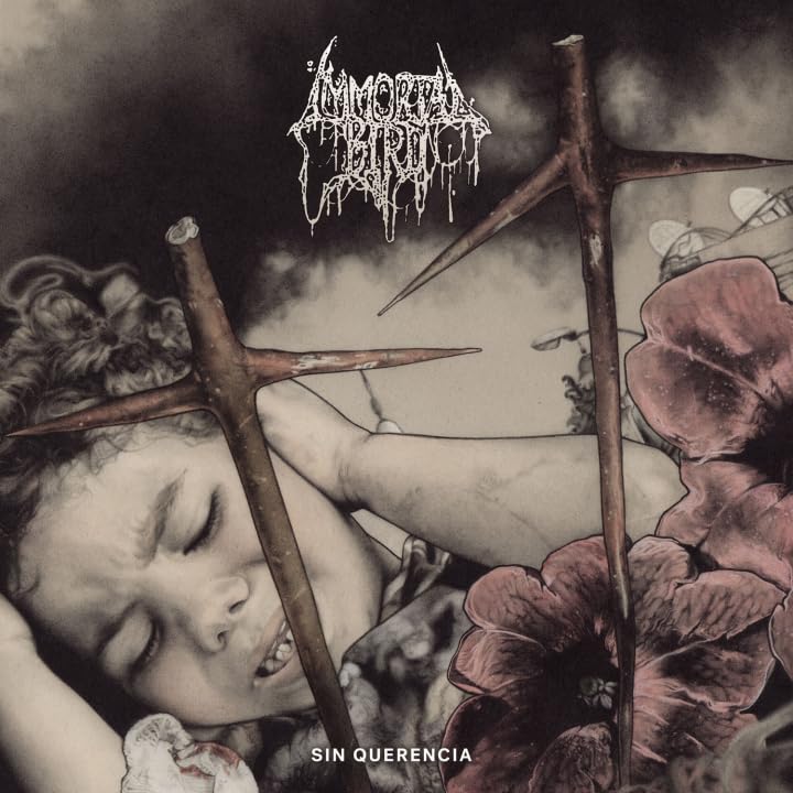 A child covers their ears behind thorny branches with pink flowers in this album art.