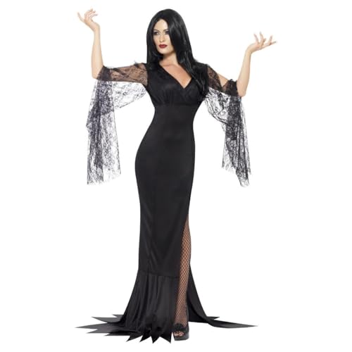 Woman in long black gothic-style dress with lace sleeves and train.