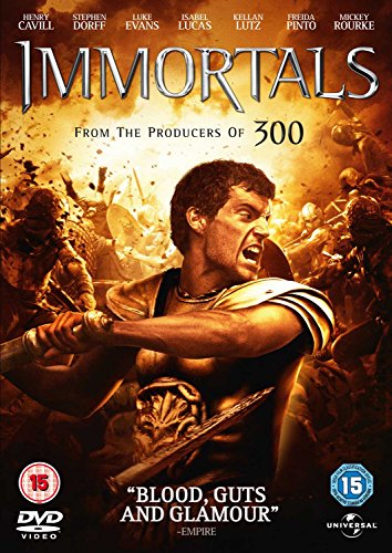 DVD cover for "Immortals" featuring Henry Cavill in battle.