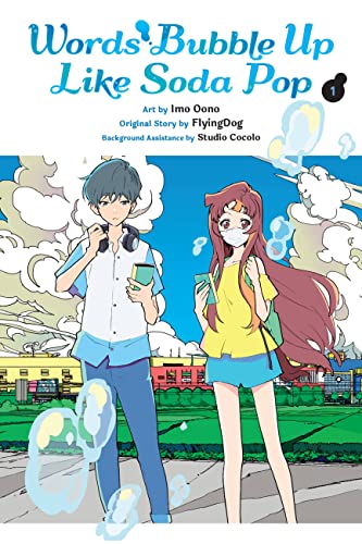 Manga cover: boy with headphones and girl in mask among bubbles.