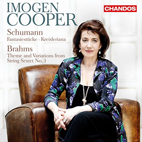 CD cover featuring pianist Imogen Cooper seated in a brown armchair.