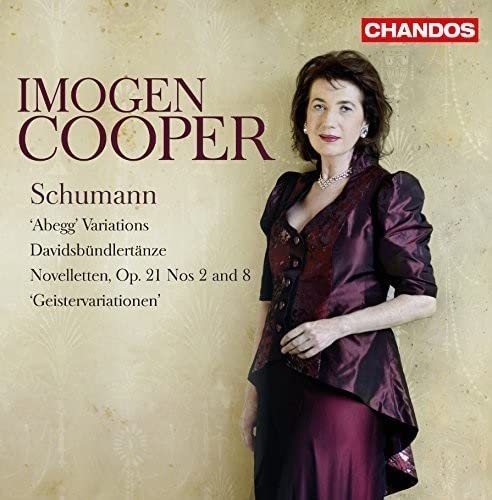 CD cover featuring pianist Imogen Cooper in a burgundy gown.