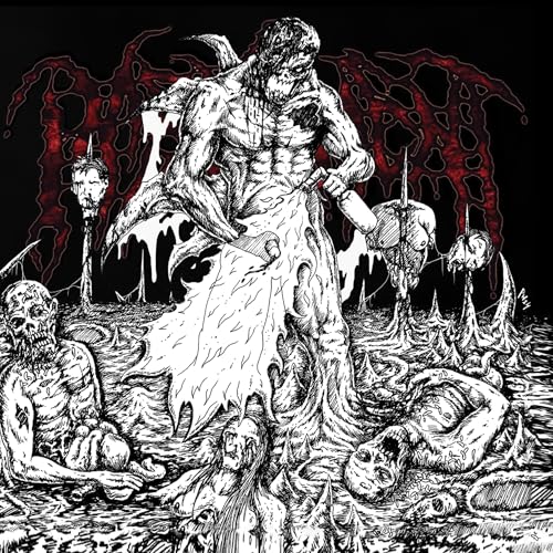 Black and white illustration of a monstrous figure amidst corpses.