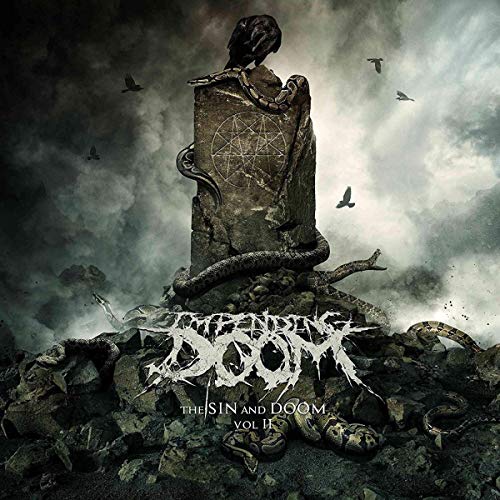 Dark album cover with a stone pillar, snakes, and birds in a stormy sky.