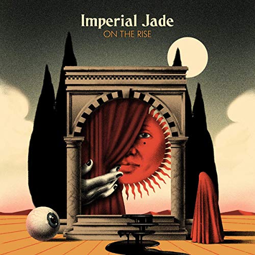 "Album cover art: surreal scene with a red sun face and architectural elements."
