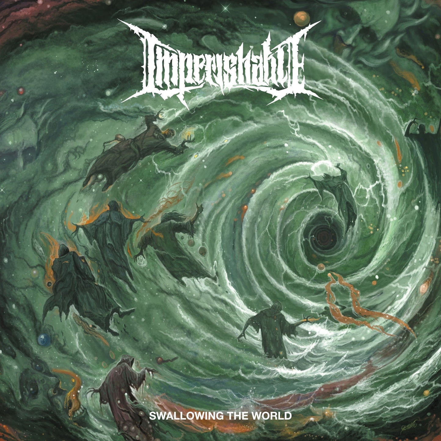 Album cover for Imperishable’s “Swallowing The World” depicting a swirling vortex.