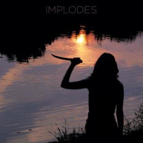 Silhouette of a person holding a knife by water at sunset.