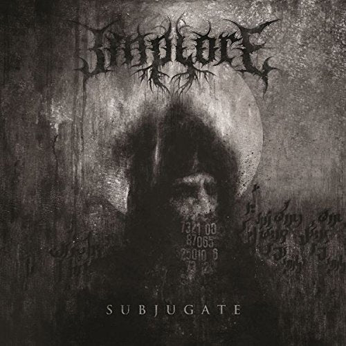 CD cover for "Implore - Subjugate" with a hooded figure in grayscale.