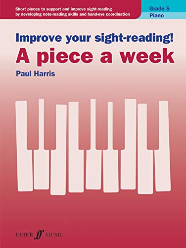 Piano sight-reading book, "Improve your sight-reading!", Grade 5, with keyboard image.