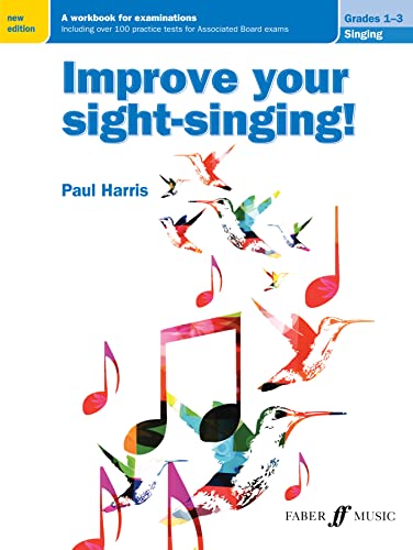 Music workbook cover with colorful birds and musical notes, grades 1-3.