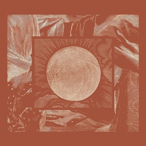 Red-toned album cover with a central circle and abstract, textured background patterns.