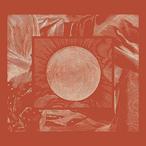 Red album cover with abstract, textured line art of a sun and shapes.