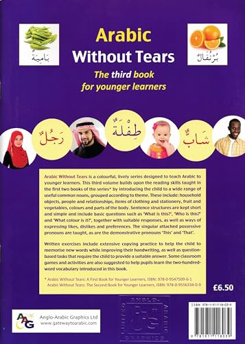 Book cover: "Arabic Without Tears" for young learners, featuring children and fruit.