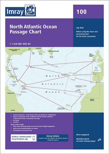 Imray North Atlantic Ocean passage chart 100 showing navigation routes across the Atlantic.