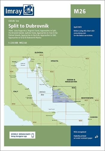 Nautical chart of the Adriatic Sea, from Split to Dubrovnik, Croatia.