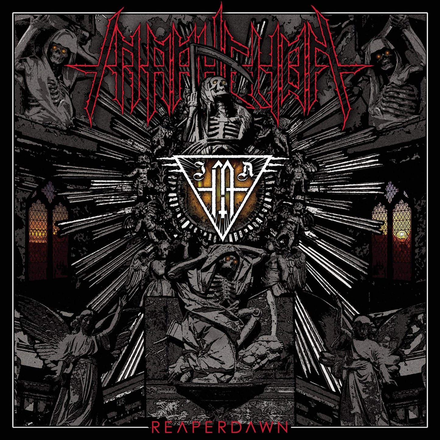 Dark album cover for "Reaperdawn" featuring a skeletal reaper and gothic architecture.