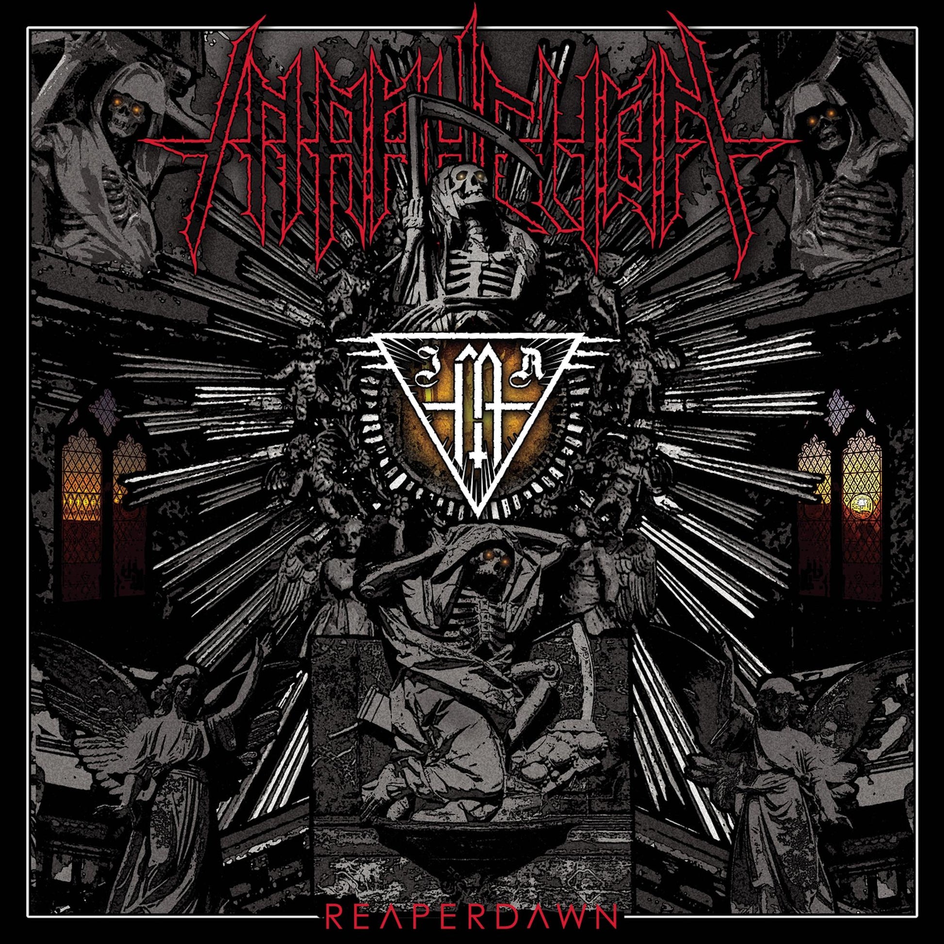 Dark album cover for "Reaperdawn" featuring a skeletal reaper and gothic architecture.