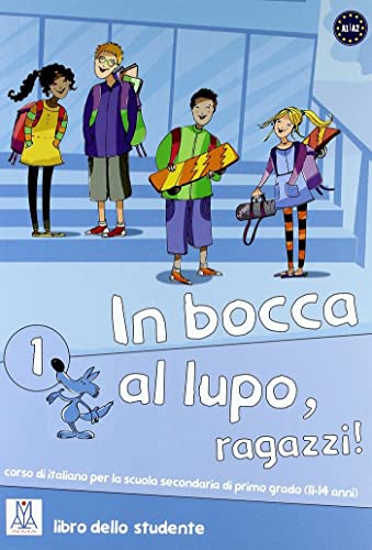 Italian textbook cover with cartoon students and a small blue wolf.