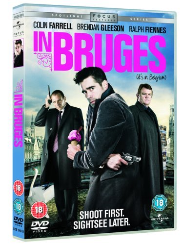 DVD cover for In Bruges featuring three men in coats against a Belgian cityscape.
