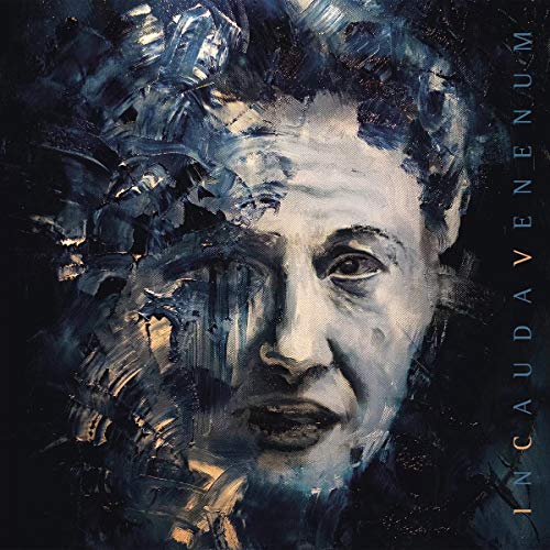 Painted portrait of a man with abstract, dark blue and gray textures.