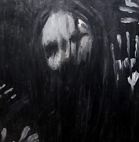 Black and white painting of a dark, ghostly figure with hands pressed against glass.