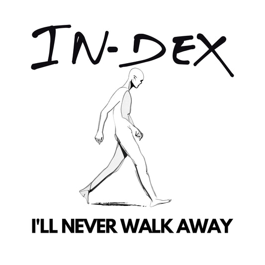 Vinyl record cover with a black and white sketch of a walking figure.