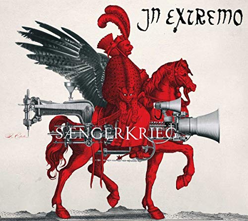 Red knight on horseback with wings, sewing machine, and trumpet.