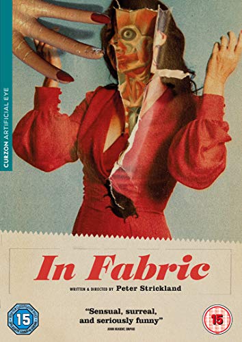 In Fabric" DVD cover: woman in red suit, partially torn image.