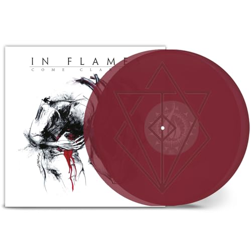 Red vinyl record of In Flames’ “Come Clarity” with artwork overlay.