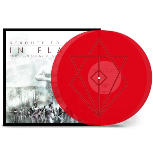 Red vinyl record and album cover for In Flames’ “Reroute To Remain.”