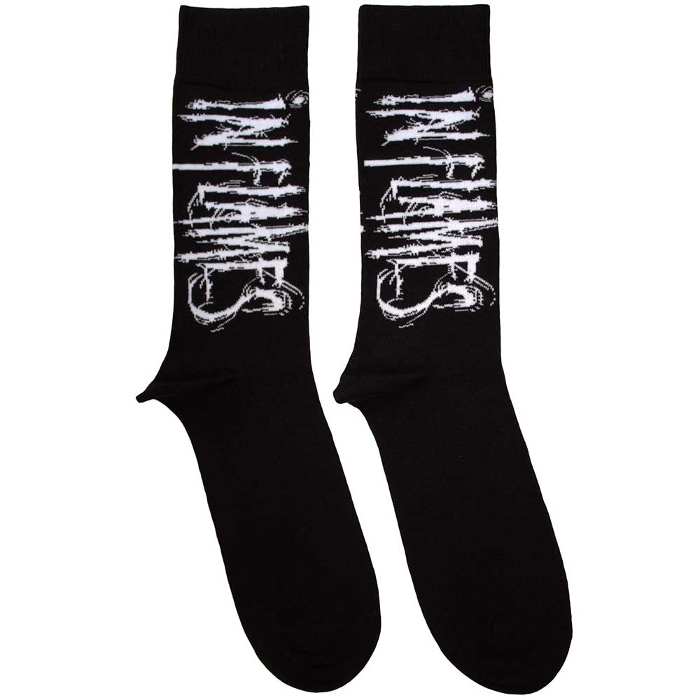 Black ankle socks with repeated white In Flames band logo design.