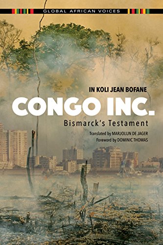Book cover: “Congo Inc.” with a hazy cityscape and barren trees.