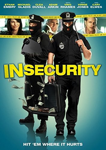 Two men in police uniforms and black masks holding a briefcase and crowbar.