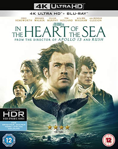 In the Heart of the Sea" Blu-ray cover featuring Chris Hemsworth and a whale.