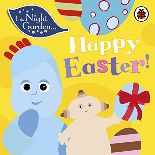 The image depicts a children's book cover featuring cartoon characters and Easter elements. Alt text: "Children's book cover with cartoon characters, Easter egg, and 'Happy Easter' text."