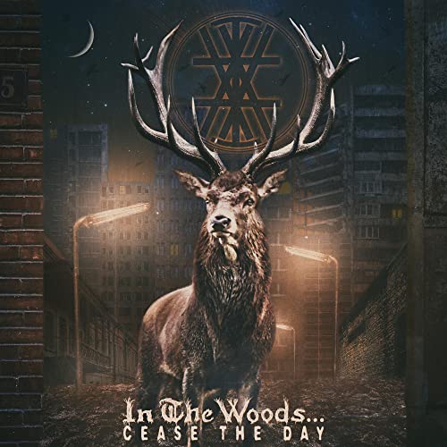 CD cover: stag with antlers stands in a city night scene.