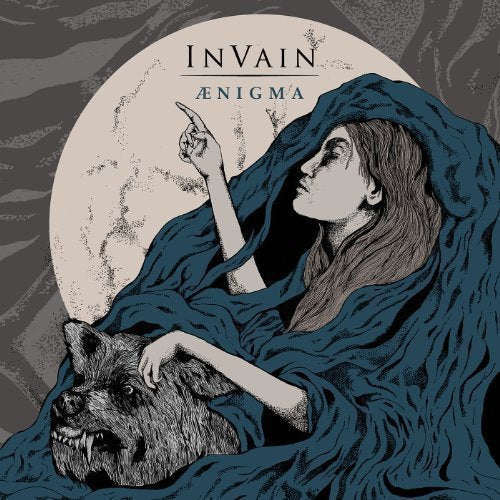 Black and white illustration of a woman with a wolf, album cover.