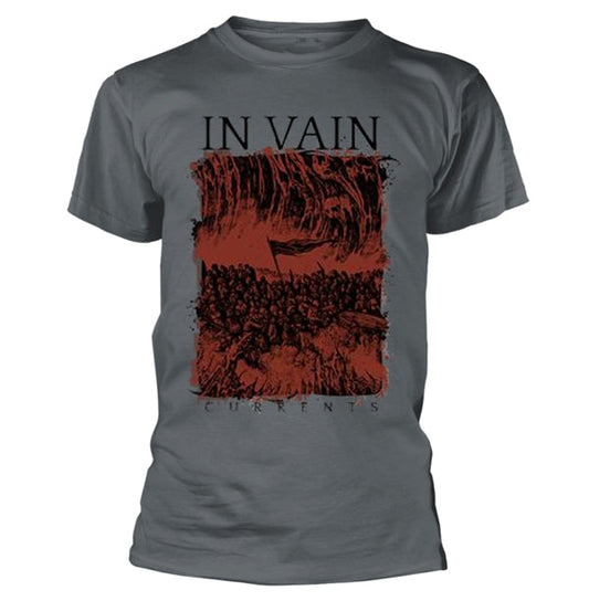 Gray t-shirt with a red illustration of a crowd and waving flag.