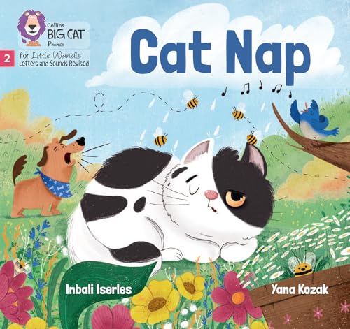 Book cover: a black and white cat sleeping amongst flowers and bees.