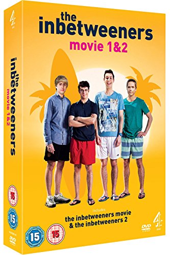 DVD cover for “The Inbetweeners Movie 1 & 2” featuring four young men.