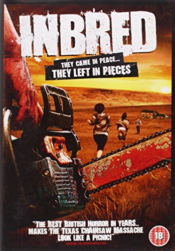 Horror DVD cover featuring a chainsaw, running figures, and rural landscape.