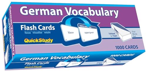 Box of purple and white "German Vocabulary Flash Cards" with example cards.