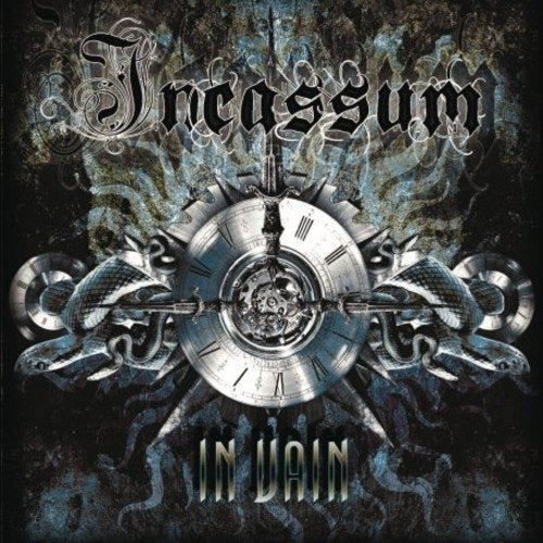 "Album cover with 'Incassum' and 'In Vain' text, featuring a clock and snakes."