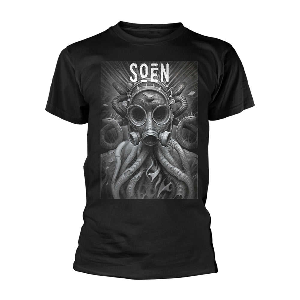Black t-shirt with detailed, grayscale illustration of a gas mask and tentacles.