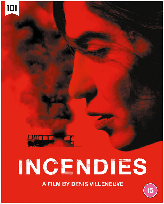 Blu-ray cover art featuring a large close-up of a face over a burning bus.