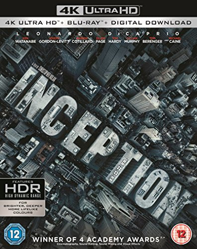 Inception Blu-ray cover: distorted city skyline with large, angled title text.