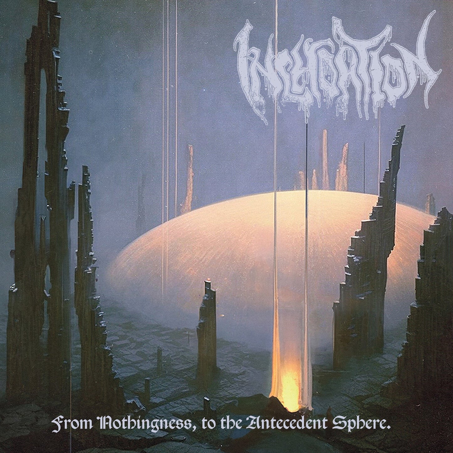 CD cover: dark, surreal landscape with a glowing sphere and jagged structures.