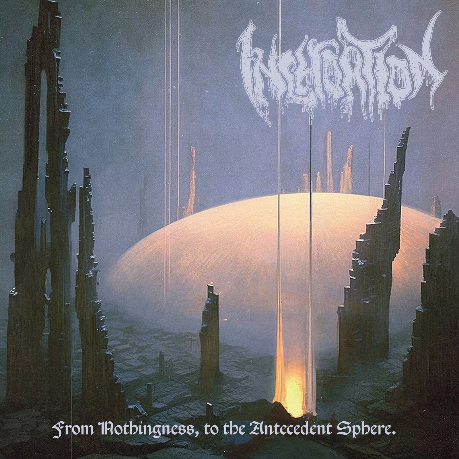 CD cover: dark, surreal landscape with a glowing sphere and jagged structures.