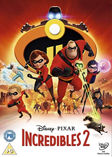 "Incredibles 2 DVD cover featuring the superhero family in action poses against a cityscape."