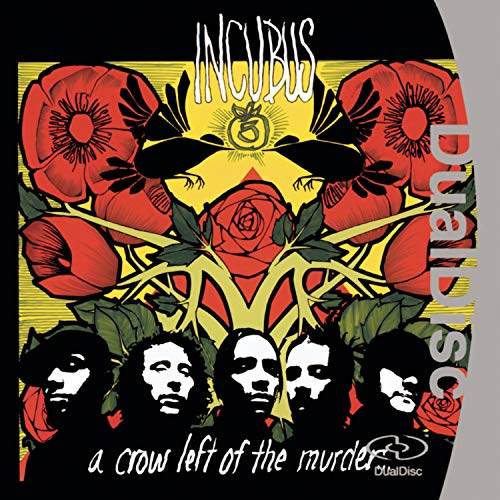 Incubus album cover: black background, red flowers, crows, and band members’ faces.